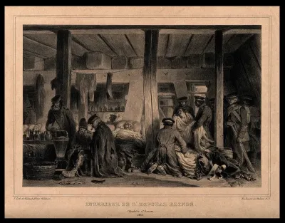 Interior of l'hopital Blindé, Antwerp, with army patients and wounded men