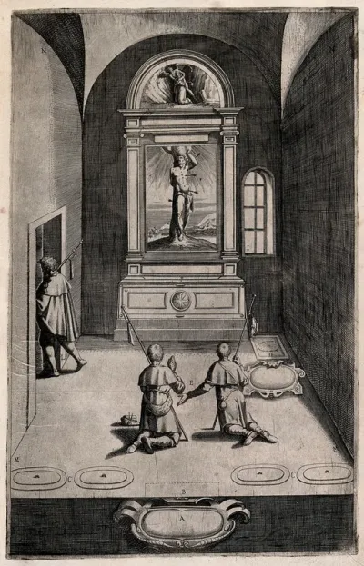 Interior of the chapel of Saint Sebastian on Mount Verna; with a painting of Sebastian pierced by arrows