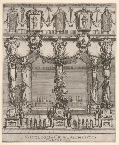 Interior of the church of San Lorenzo in Florence, five pillars, each with a large figure of death on a pedestal, ten hooded figures with staffs in foreground, two altars in the background, cartouches containing female figures above, from "Ceremonies