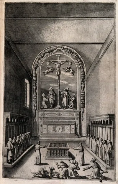 Interior of the church of the Stigmata on Mount Verna; with a painting of the Crucifixion