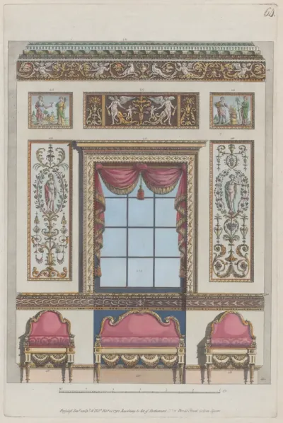 Interior Ornamented Wall with Window and Furniture, nos. 411–424, plate 64 from "Designs for Various Ornaments"