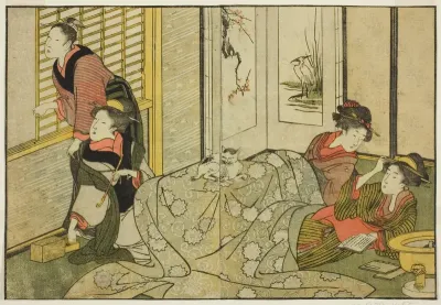 Interior Scene on a Snowy Day, from the illustrated book "Picture Book: Flowers of the Four Seasons (Ehon shiki no hana)," vol. 2