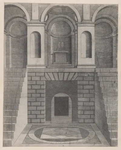 Interior, showing an underground chamber reached by two flights of stairs, one on each side; niches on the landing above, from "Speculum Romanae Magnificentiae"