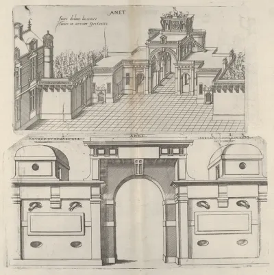 Interior View of the Court Yard and Frontal View of the Defense Mechanism at Chateau d'Anet, from "Les plus excellents bastiments de France"