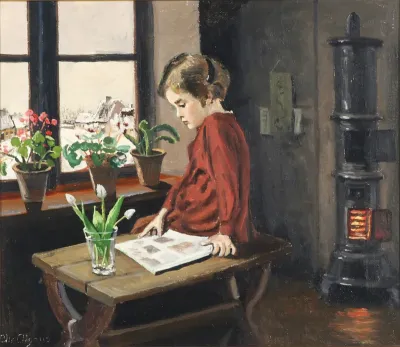 Interior with a girl reading by the window.