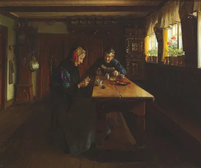 Interior with a man reading and a woman knitting.