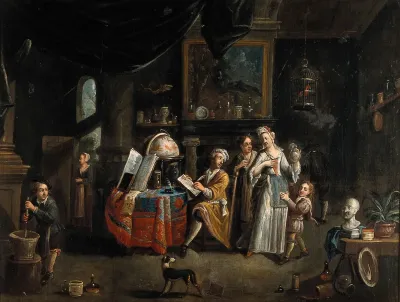 Interior with a medical practitioner, a woman holding a flask, and five other people