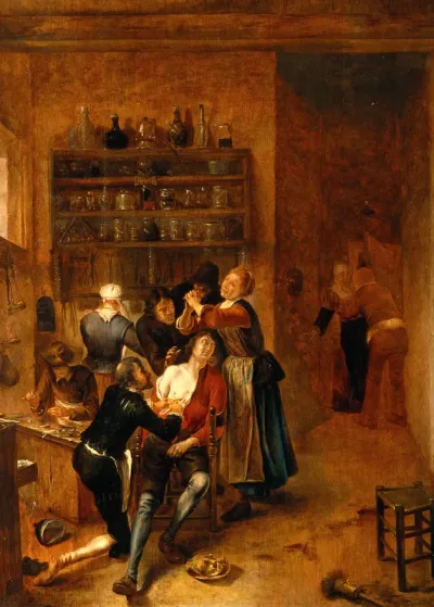 Interior with a surgeon attending to a chest wound
