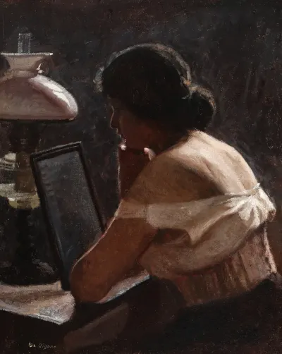 Interior with a woman in front of a mirror.