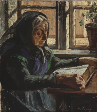 Interior with a woman reading the Bible.