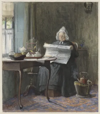 Interior with a woman reading the newspaper