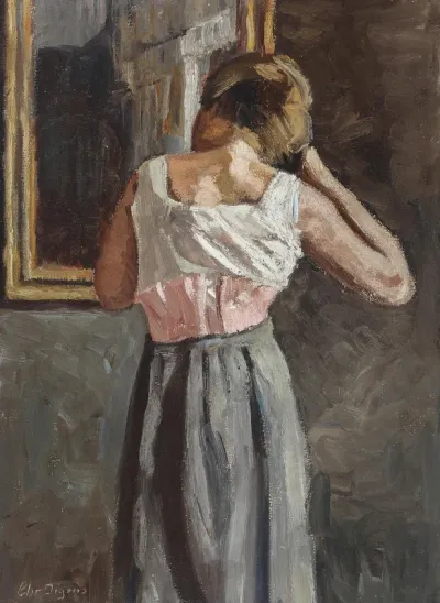 Interior with a woman standing in front of a mirror.