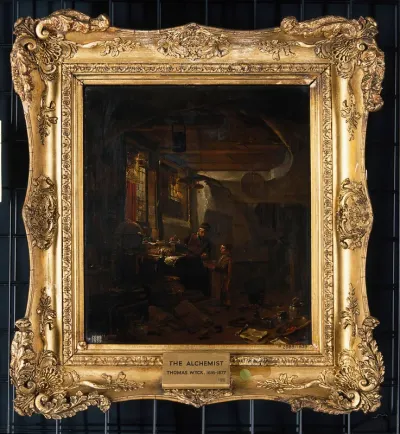 Interior with an alchemist examining a bowl brought by a boy