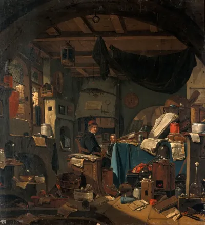 Interior with an alchemist seated at a table, looking out of the picture