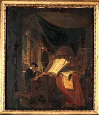 Interior with an alchemist seated at a table, writing