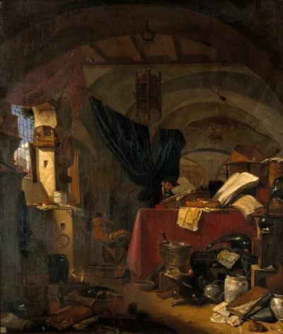 Interior with an alchemist studying a book, his assistant pouring liquid into a bowl