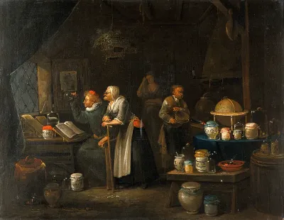 Interior with doctor, assistant, old woman and girl