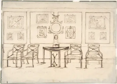 Interior with Four Armchairs, a Round Mirror, Demilune Table and Framed Prints or Drawings