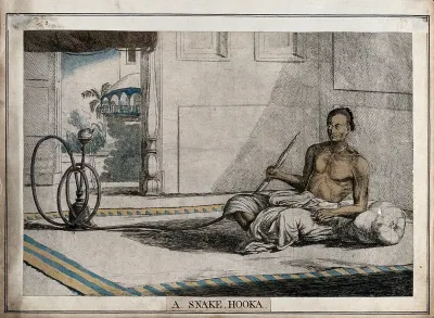 Interior with reclining man holding snake-like hookah, Calcutta, West Bengal