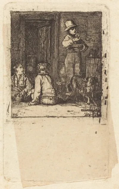 Interior with Three Boys and a Dog
