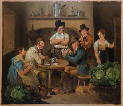 Interior with two men playing cards and four other figures