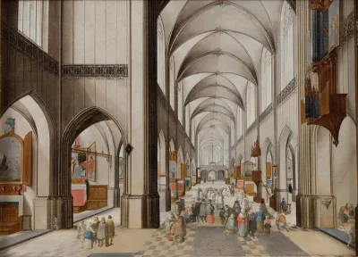 Interiør af en treskibet gotisk kirke set mod øst, under en prædiken