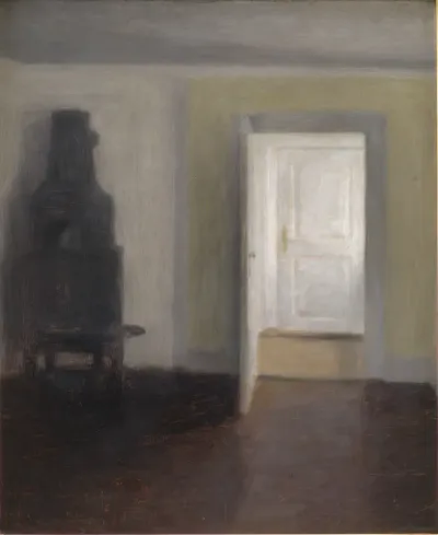 Interiør. Den gamle bilæggerovn. Albertines Lyst, Lyngby