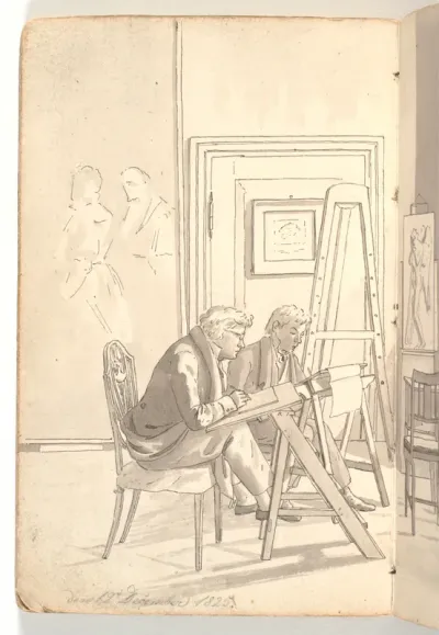 Interiør fra akademiet med tegnende unge kunstnere