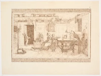 Interiør fra bondestue (illustration til eventyret "Bjergmanden og Tordenvejret")