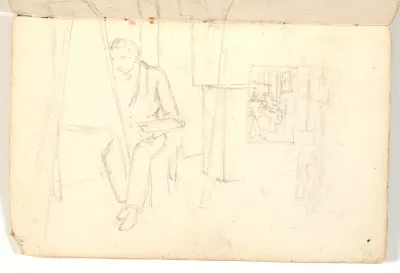 Interiør med kunstner ved staffeli
