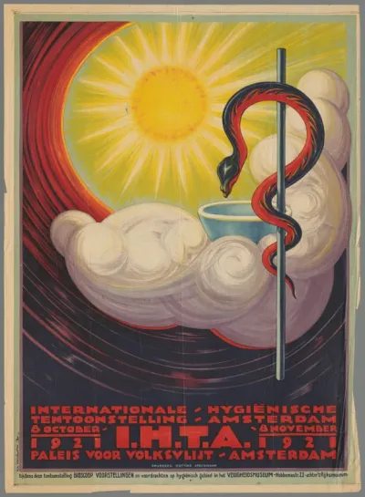 Internationale hygiënische tentoonstelling Amsterdam 1921 I.H.T.A. 8 October - 8 November 1921. Paleis voor Volksvlijt Amsterdam. Tijdens deze tentoonstelling bioscoopvoorstellingen op hygiënisch gebied in het Veiligheidsmuseum achter 't Rijksmuseum