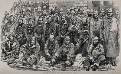 Invalided soldiers assembled in the garden of Fort Pitt Hospital, Chatham