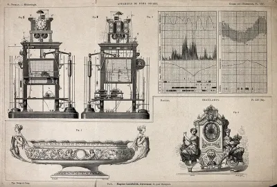 Inventions shown at the Exposition Universelle in Paris (1867 or 1878): a set of measuring devices for a meteorological station, a metal dish, and a table clock