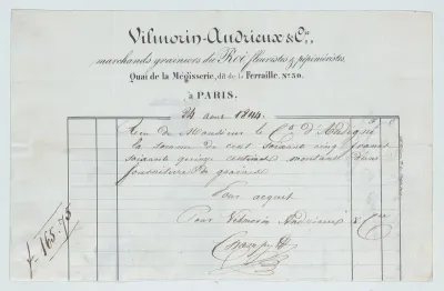 Invoice from Vilmorin-Andrieux et Cie, Paris, for seed supplies to the Count of Andigné