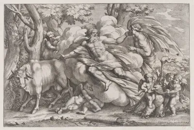 Io at the left as a cow, Jupiter on a cloud in the centre and Juno at the right with putti holding an eagle captive in the lower right
