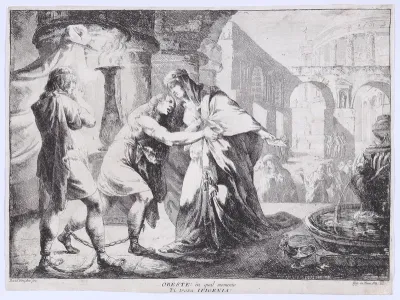 Iphigenia accompanied by Pylades recognises Orestes, whom she is about to sacrifice