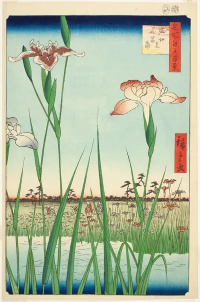 Irises at Horikiri (Horikiri no hanashobu), from the series "One Hundred Famous Views of Edo (Meisho Edo hyakkei)"