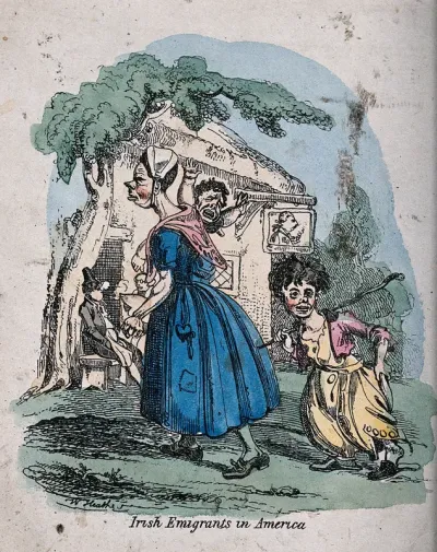 Irish emigrants in America: a woman with two children, and a man sitting outside an inn smoking a pipe