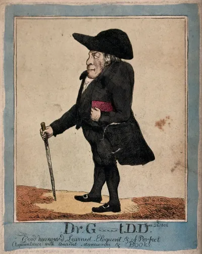 Isaac Gosset, wearing a coat and hat, has a cane in one hand and a book under his arm