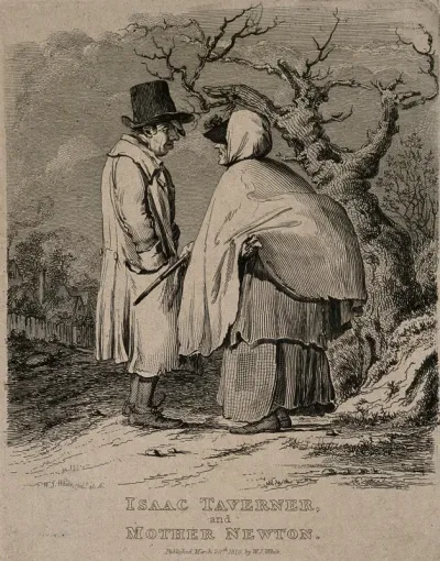 Isaac Taverner and Mother Newton conversing next to an old tree