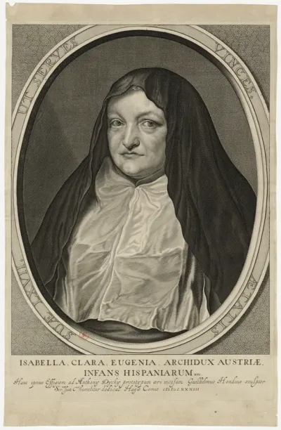 Isabella, Clara, Eugenia, Archidux Austriae, Infans Hispaniarum etc. Hanc ipsius effigiem ad Anthony Dycky prototypum aeri incisam Guilhelmus Hondius sculptor [...] 1633