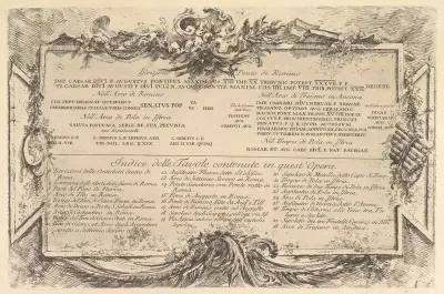 Iscrizione nei lati del Ponte di Rimino (Inscription on the side of the Rimini Bridge) followed by an index of plates in the volume, from "Antichità Romane de' Tempi della Repubblica, e de' primi Imperatori"