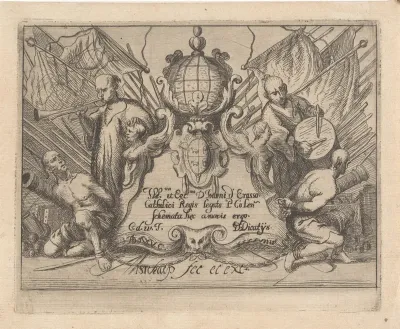 Islamitische galeislaven aan weerszijden van een cartouche