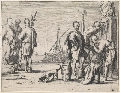 Islamitische galeislaven bij een fontein