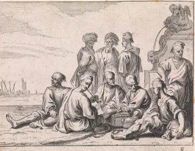 Islamitische galeislaven rusten bij een fontein