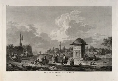 Island of Chios (Scio, Khio): people gathering around a fountain
