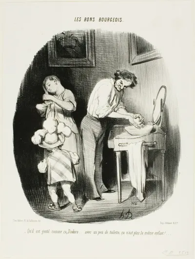“- Isn't he cute like that, Dodore... with a little bit of cleaning up, he is just not the same child any more!...,” plate 37 from Les Bons Bourgeois