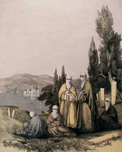 Istanbul: the lesser burial ground attended by veiled women mourners, the Golden Horn in the background