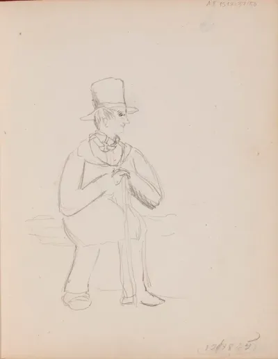 Istuva keppiinsä nojaava mies. Merkitty: 17/8? 1865