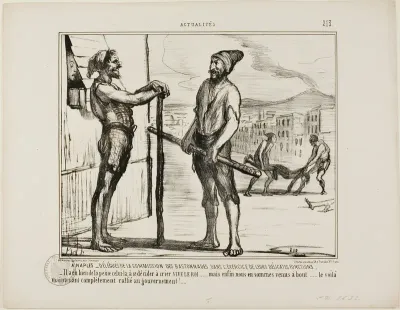 It Naples. - The Commission of Bastonnades During Their Delicate Job. “- It took a while to convince this one to yell: "LONG LIVE THE KING!"... but finally we got to the bottom... and now he is completely in favour of the Government..,” plate 213 fro
